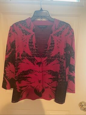 Ming Wang Fuchsia and Black Abstract Floral Knit Cardigan